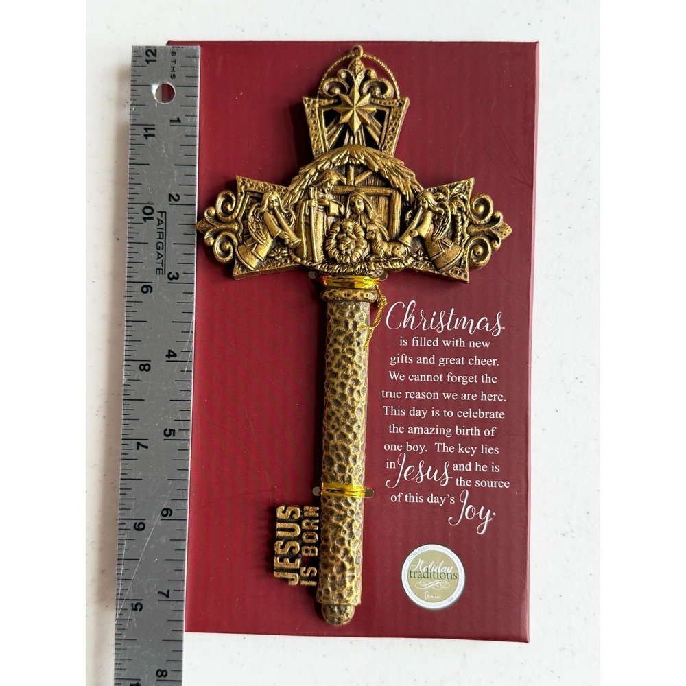 Jesus Is Born Key Cross Ornament New Resin Gold Embossed Nativity Scene 7.25" - Picture 2 of 5
